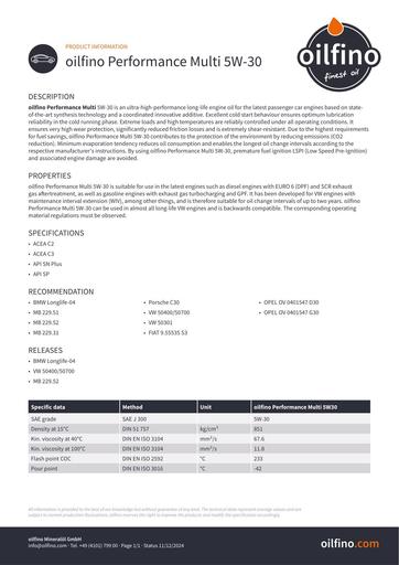 Oilfino Performance Multi 5W 30