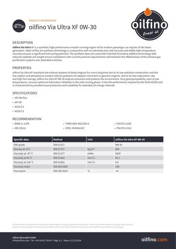 Oilfino Via Ultra XF 0W 30