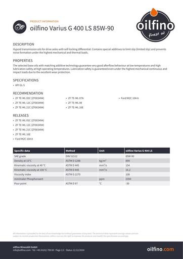 Oilfino Varius G 400 LS 85W 90
