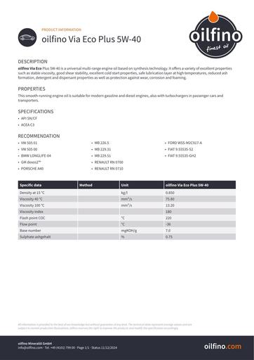 Oilfino Via Eco Plus 5W 40
