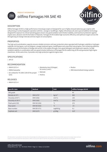 Oilfino Famagas HA SAE 40